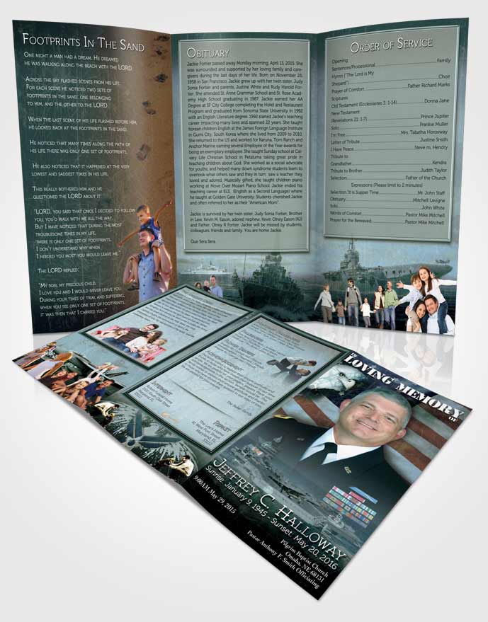 Obituary Template Trifold Brochure Forest Navy Salute