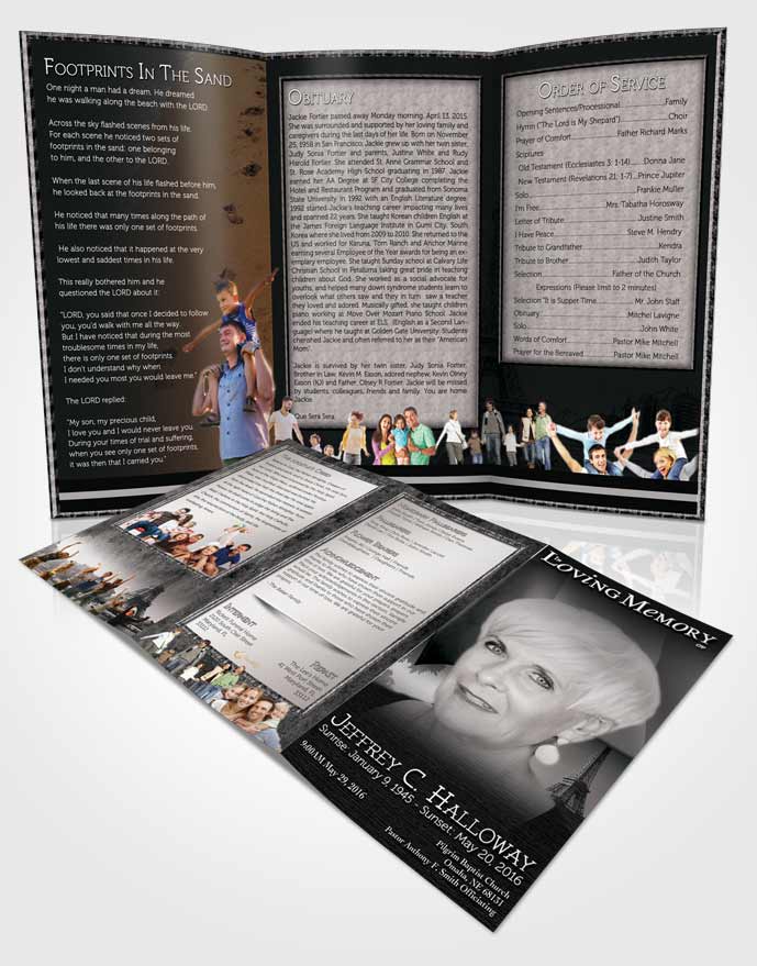 Obituary Template Trifold Brochure French Black and White Mist