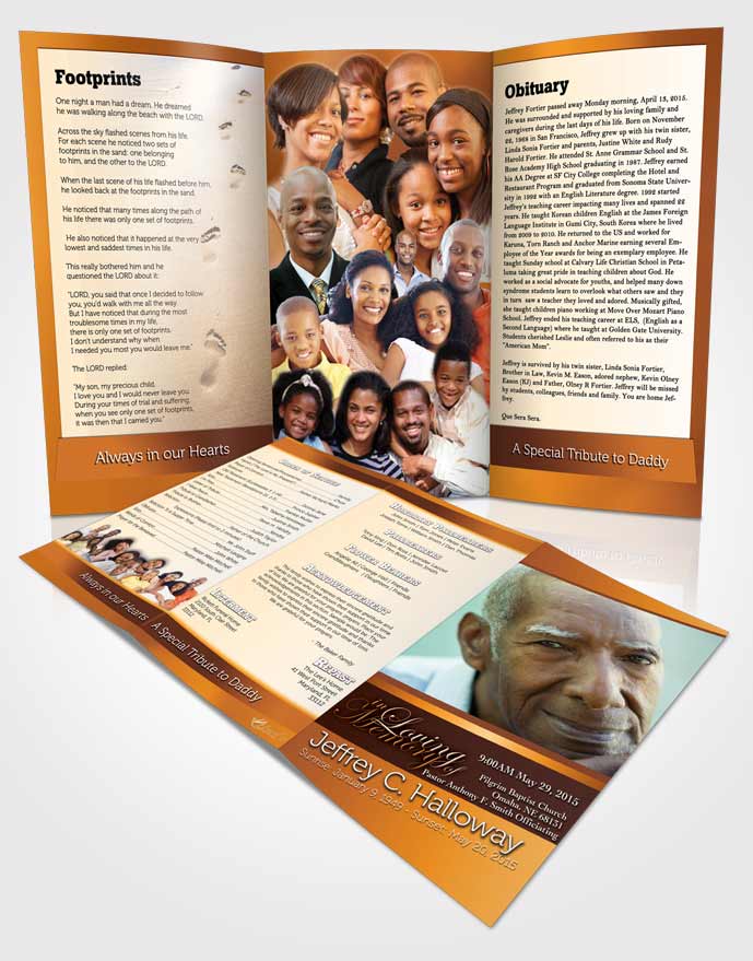 Obituary Template Trifold Brochure Golden Peach Tranquility Light