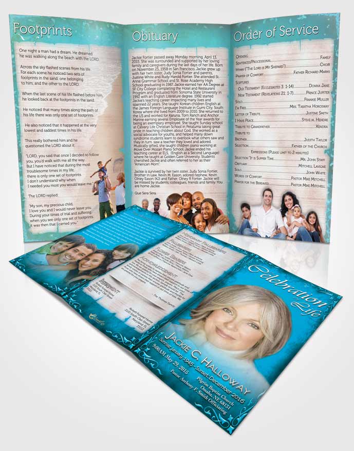 Obituary Template Trifold Brochure Heavens Touch Turquoise Laughter