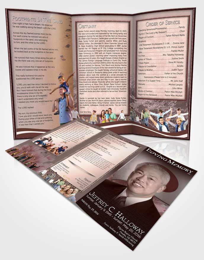 Obituary Template Trifold Brochure Japanese Burgundy Blossoms