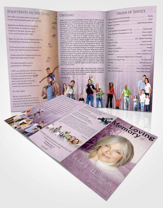 Obituary Template Trifold Brochure Lavender Sunrise Walk in the Woods