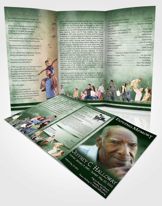 Obituary Template Trifold Brochure Misty Emeralds Clouds