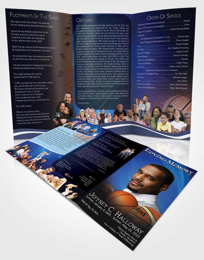 Obituary Template Trifold Brochure Ocean Blue Basketball Lover Dark