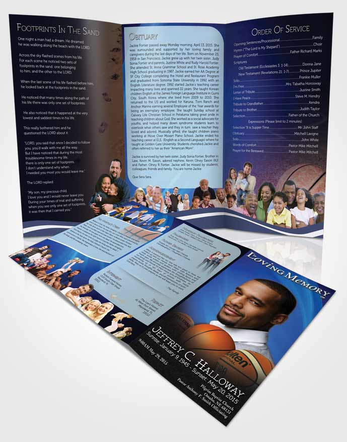 Obituary Template Trifold Brochure Ocean Blue Basketball Lover Light