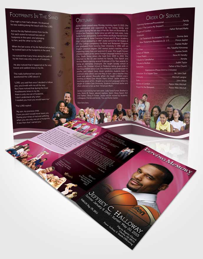 Obituary Template Trifold Brochure Pink Basketball Lover Dark