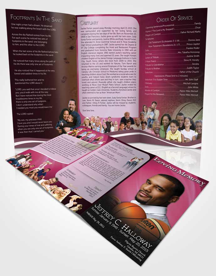 Obituary Template Trifold Brochure Pink Basketball Lover Light