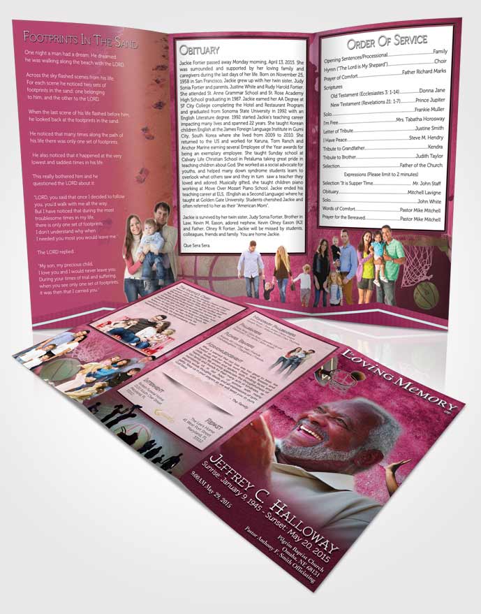 Obituary Template Trifold Brochure Pink Basketball Star