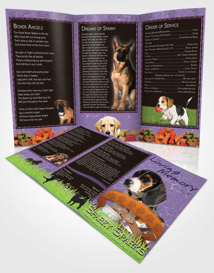 Obituary Template Trifold Brochure Purple Sparky the Dog