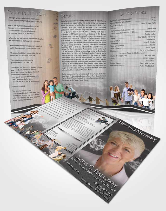 Obituary Template Trifold Brochure Black and White Shinning Clouds