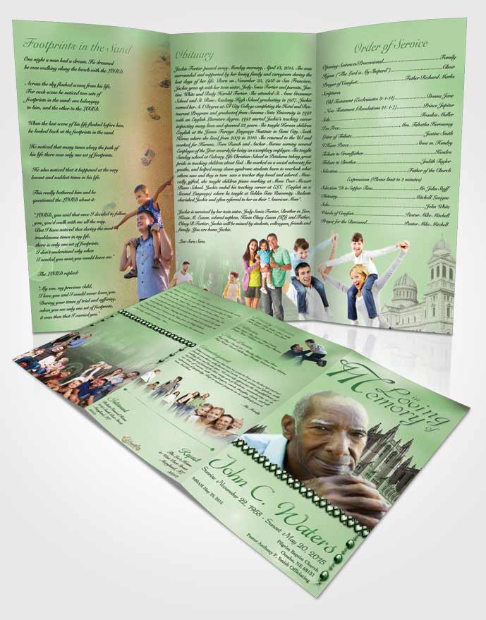 Obituary Template Trifold Brochure Spring Cathedral Emerald Glow