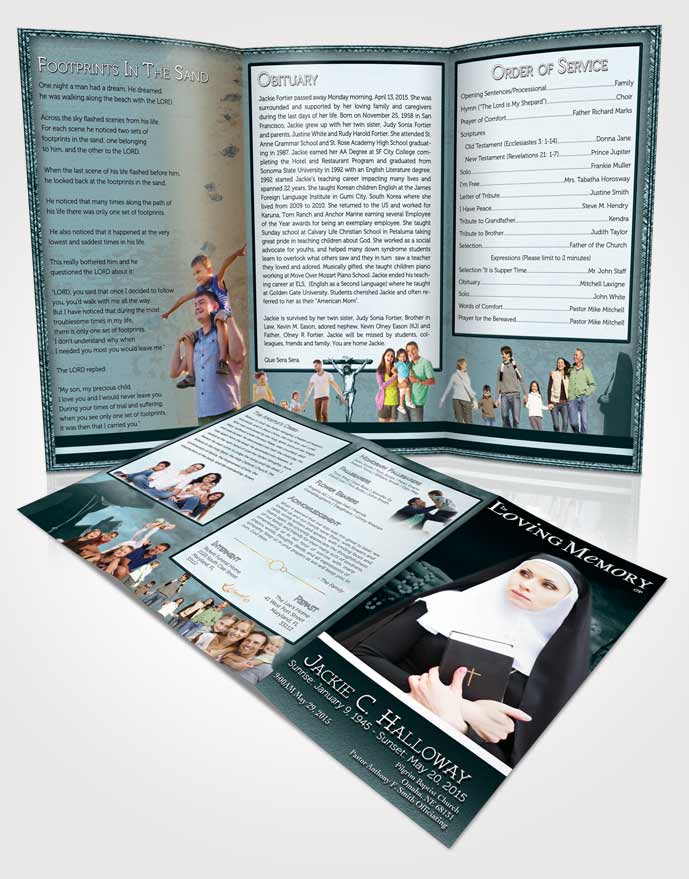 Obituary Template Trifold Brochure Turquoise Heavenly Nun
