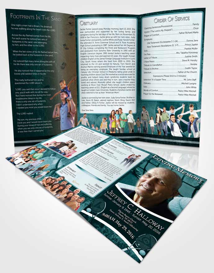 Obituary Template Trifold Brochure Turquoise Serenity Tennis Star