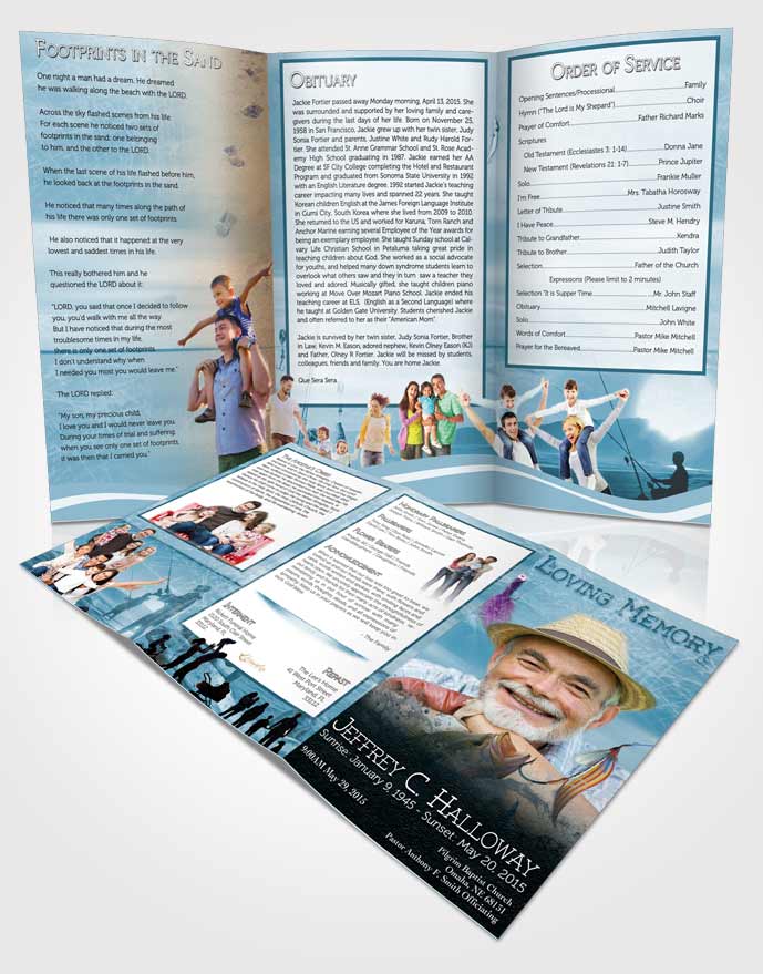 Obituary Template Trifold Brochure Turquoise Waters Calm Fisherman