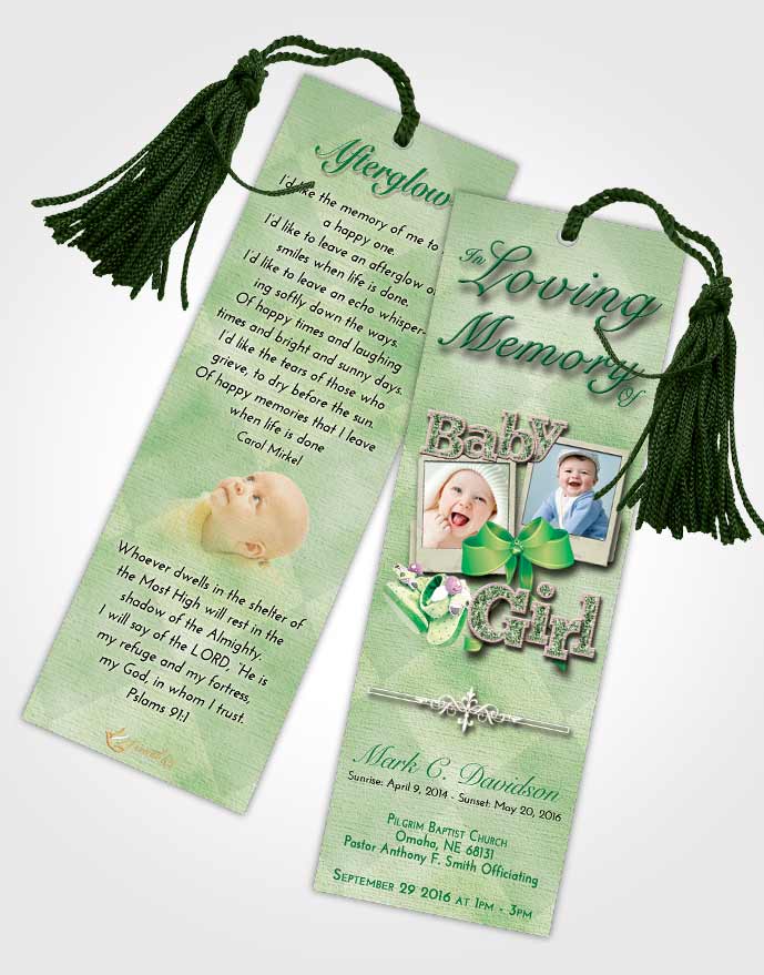 Funeral Bookmark Template Emerald Sunrise Baby Girl