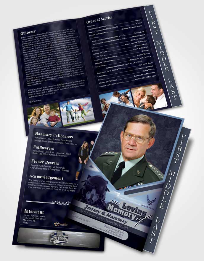 2 Page Graduated Step Fold Funeral Program Template Brochure 1st Air Force Airman Sunset