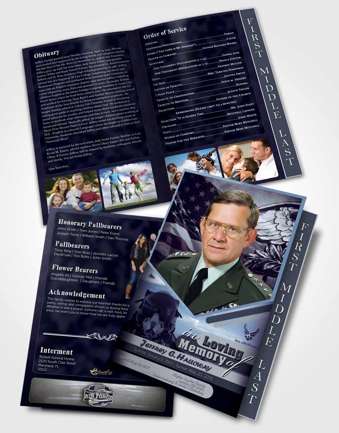 2 Page Graduated Step Fold Funeral Program Template Brochure 2nd Air Force Airman Sunset