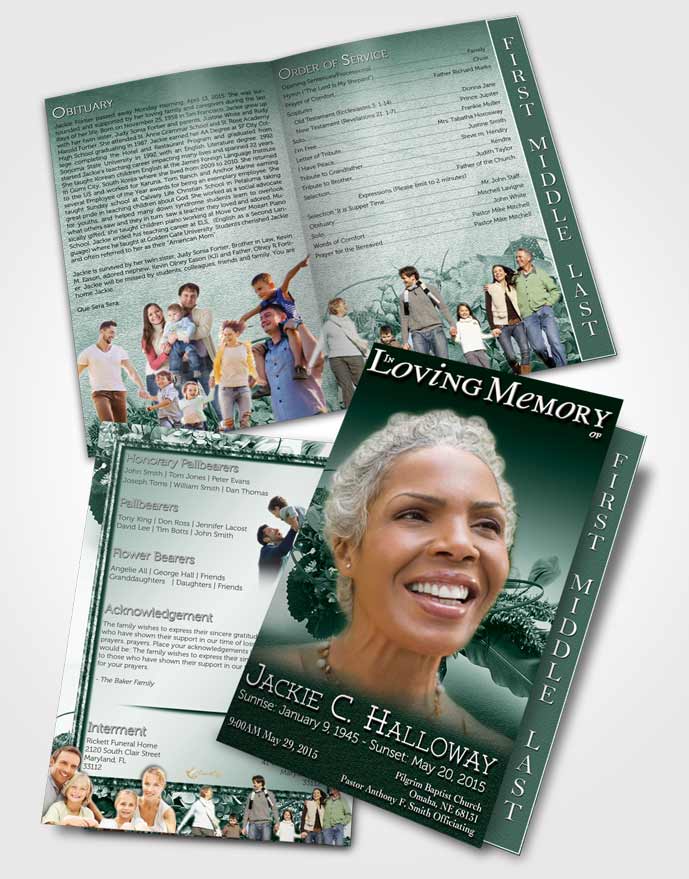 2 Page Graduated Step Fold Funeral Program Template Brochure A Beautiful Emerald Bouquet