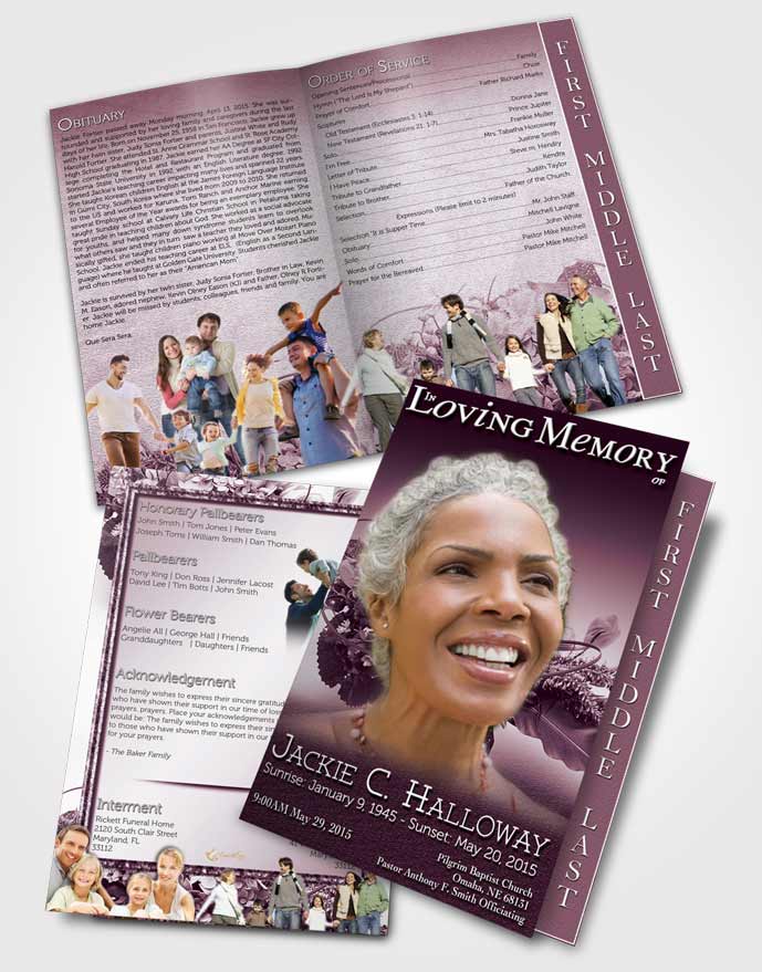 2 Page Graduated Step Fold Funeral Program Template Brochure A Beautiful Lavender Bouquet