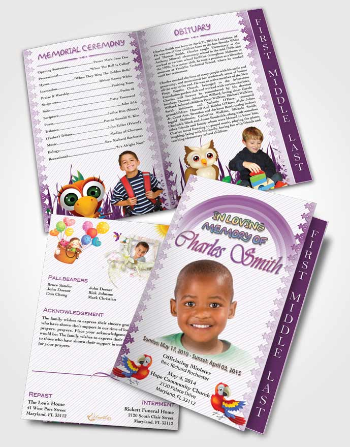 2 Page Graduated Step Fold Funeral Program Template Brochure A Childs Passing Amethyst Splash