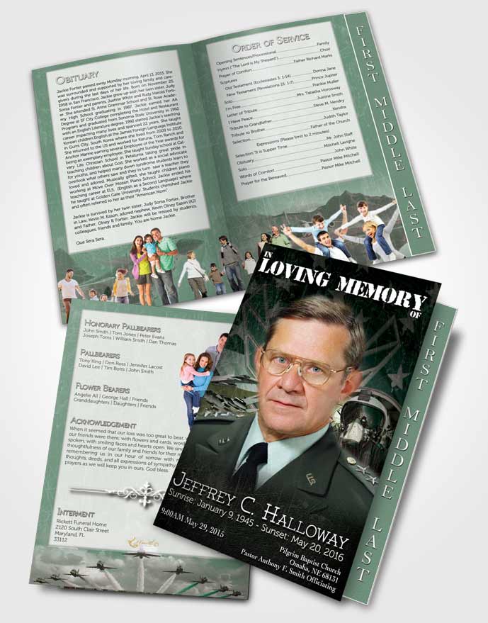 2 Page Graduated Step Fold Funeral Program Template Brochure Air Force Emerald Salute