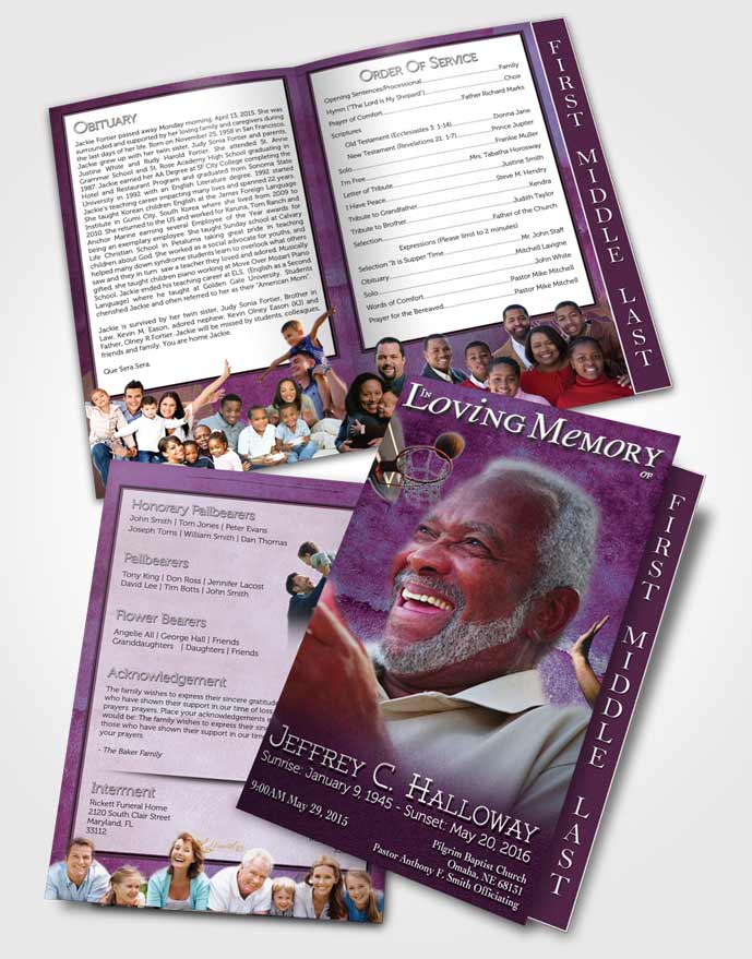 2 Page Graduated Step Fold Funeral Program Template Brochure Amethyst Basketball Star