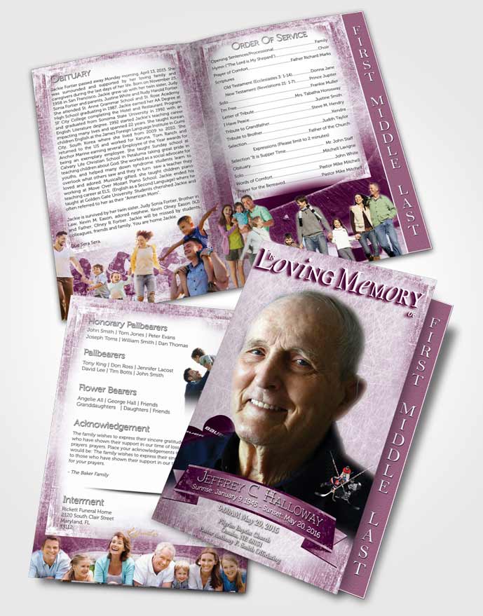 2 Page Graduated Step Fold Funeral Program Template Brochure Amethyst Hockey Star