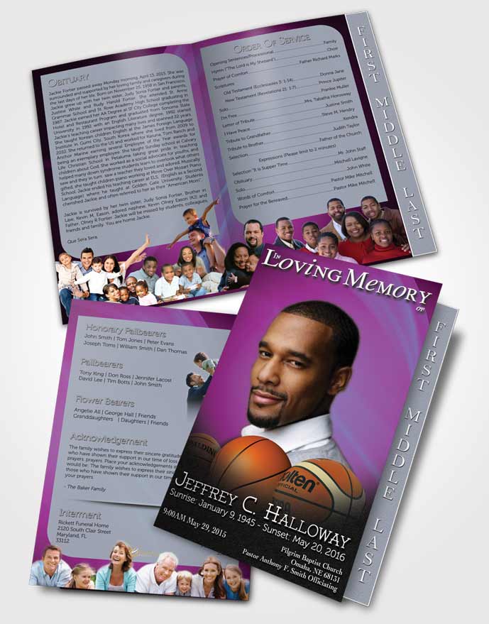 2 Page Graduated Step Fold Funeral Program Template Brochure Amethyst Rain Basketball Lover Dark