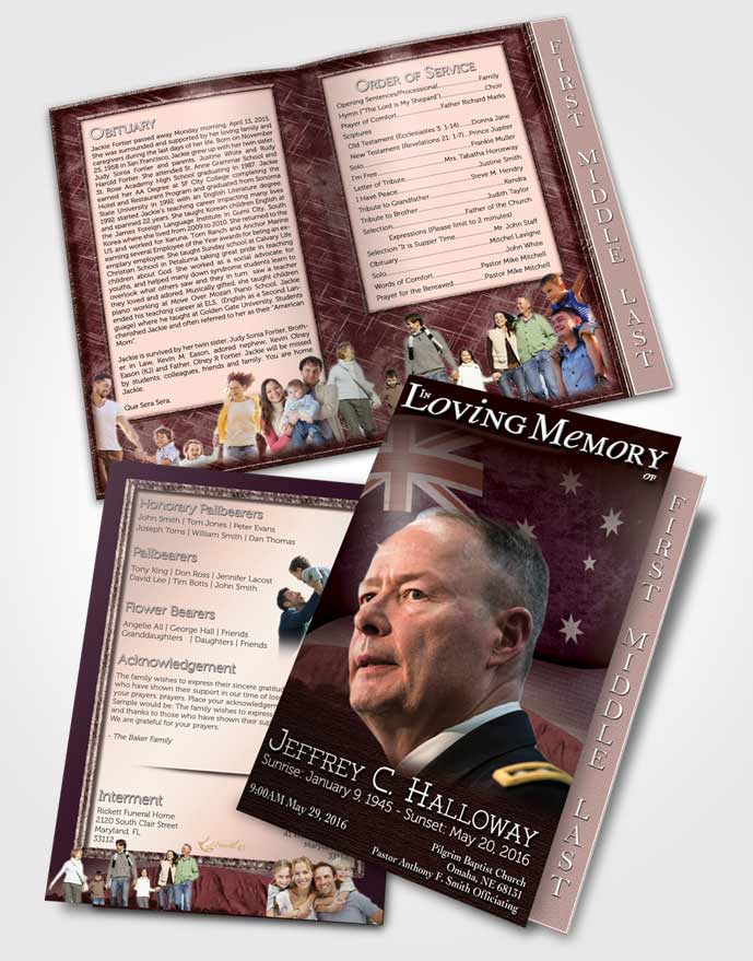 2 Page Graduated Step Fold Funeral Program Template Brochure Australian Burgundy Mist