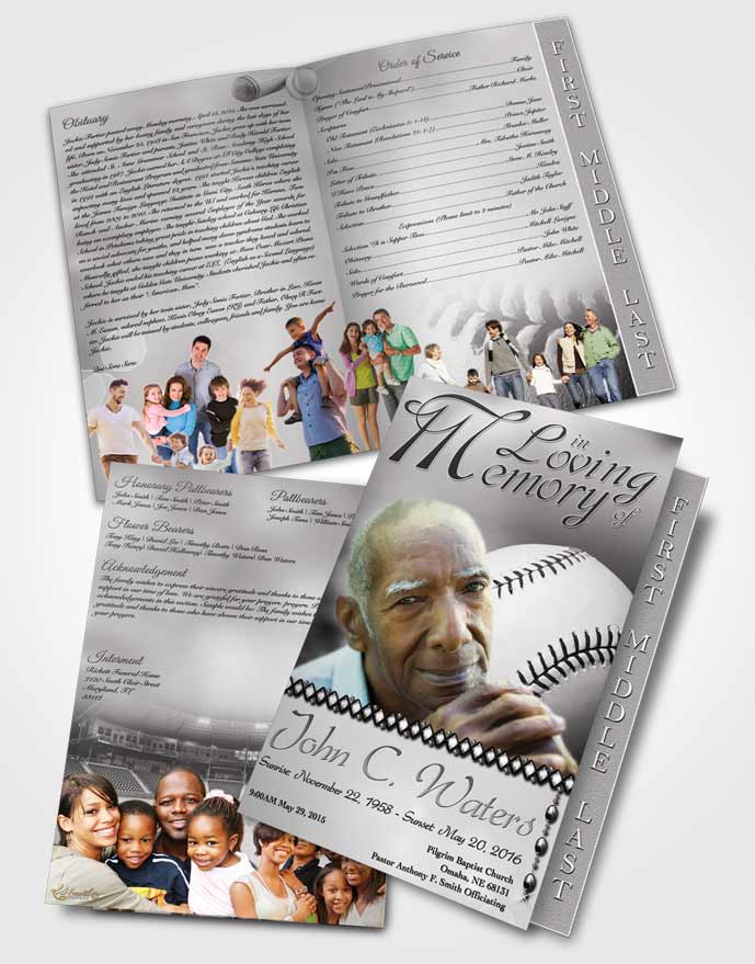 2 Page Graduated Step Fold Funeral Program Template Brochure Baseball Day Black and White