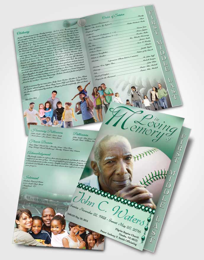2 Page Graduated Step Fold Funeral Program Template Brochure Baseball Day Emerald Love