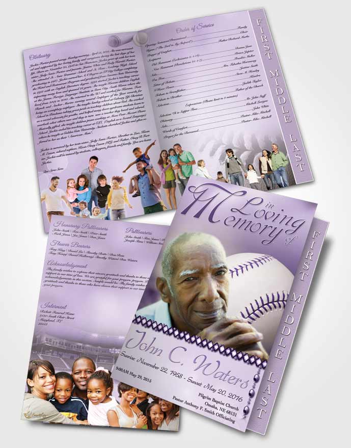 2 Page Graduated Step Fold Funeral Program Template Brochure Baseball Day Lavender Honor