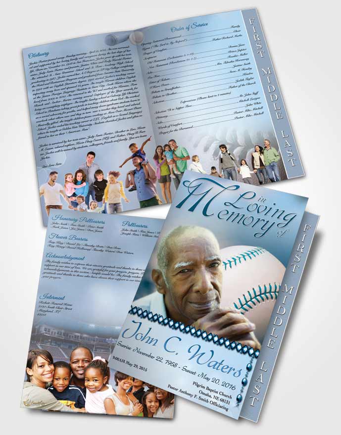 2 Page Graduated Step Fold Funeral Program Template Brochure Baseball Day Ocean Blue