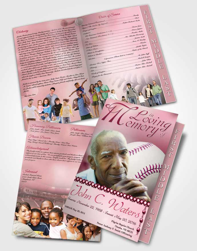 2 Page Graduated Step Fold Funeral Program Template Brochure Baseball Day Pink Sunset