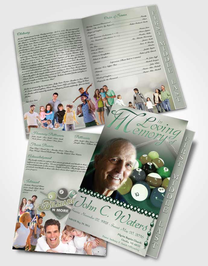 2 Page Graduated Step Fold Funeral Program Template Brochure Billiards Fantasy Emerald Love