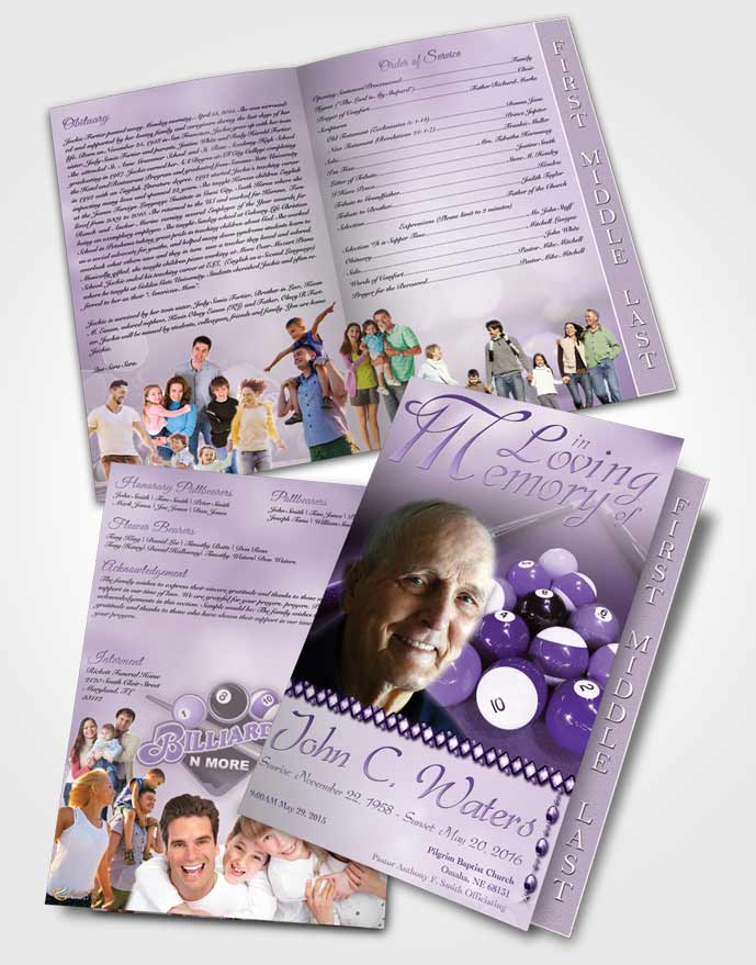 2 Page Graduated Step Fold Funeral Program Template Brochure Billiards Fantasy Lavender Honor