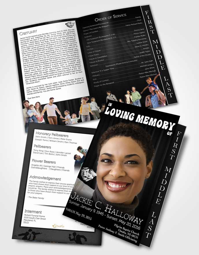 2 Page Graduated Step Fold Funeral Program Template Brochure Black and White Actor