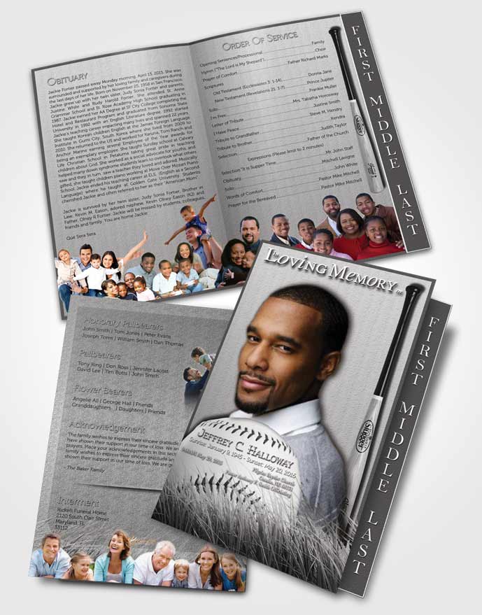 2 Page Graduated Step Fold Funeral Program Template Brochure Black and White Baseball Star Light