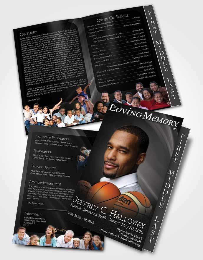 2 Page Graduated Step Fold Funeral Program Template Brochure Black and White Basketball Lover Dark