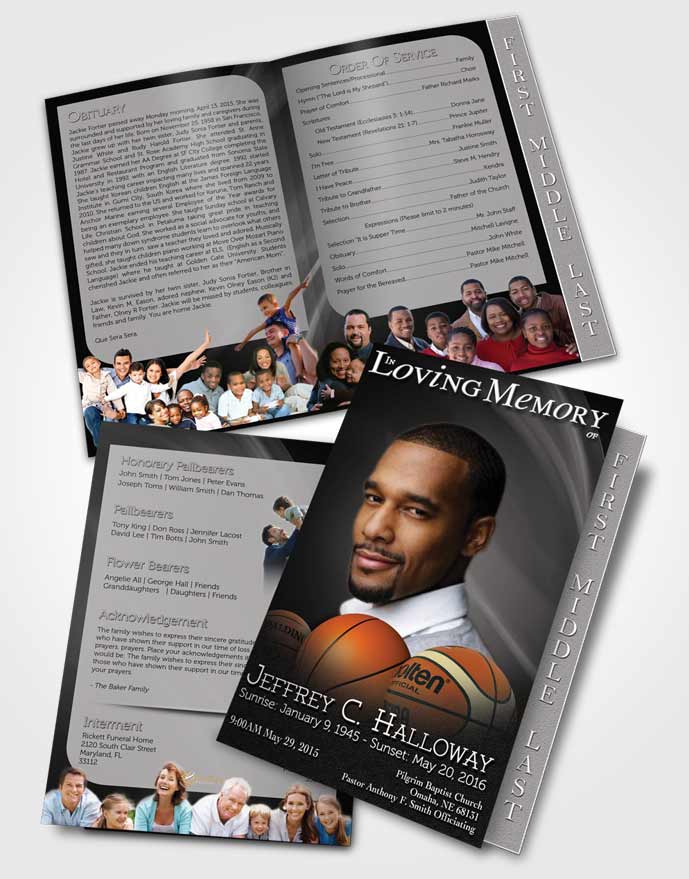 2 Page Graduated Step Fold Funeral Program Template Brochure Black and White Basketball Lover Light