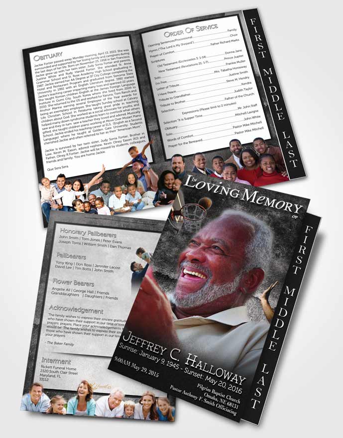 2 Page Graduated Step Fold Funeral Program Template Brochure Black and White Basketball Star