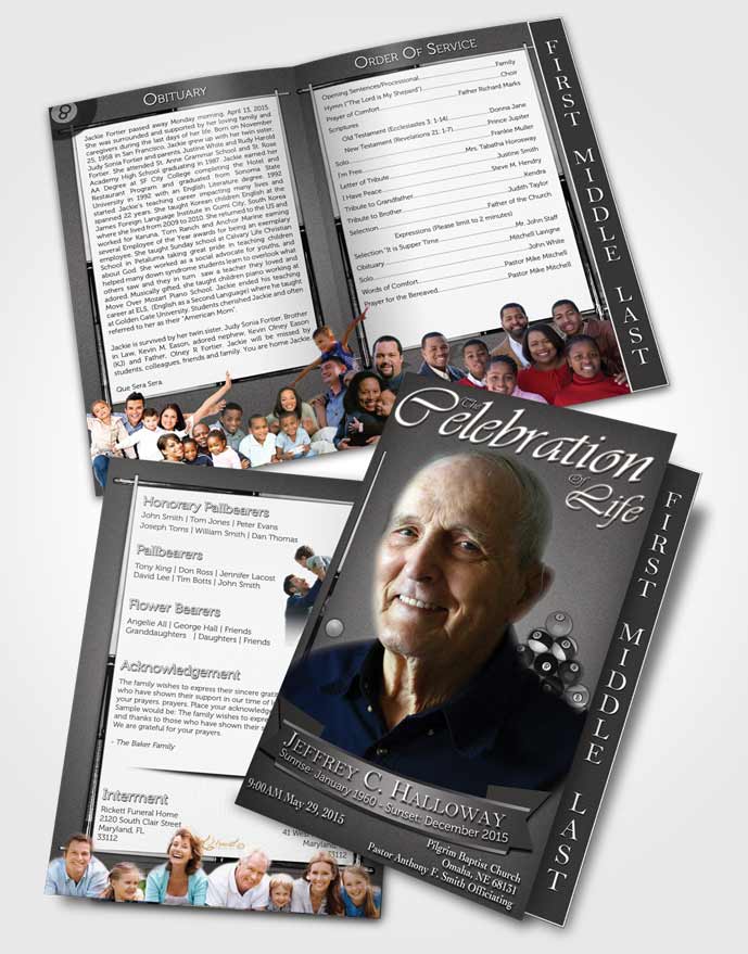 2 Page Graduated Step Fold Funeral Program Template Brochure Black and White Billiards Desire