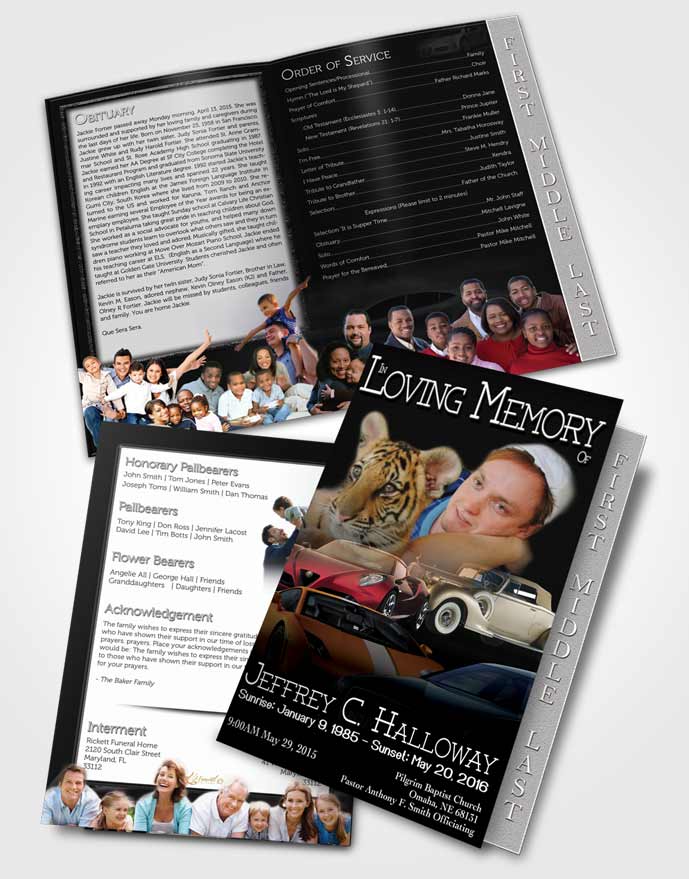 2 Page Graduated Step Fold Funeral Program Template Brochure Black and White Car Enthusiast