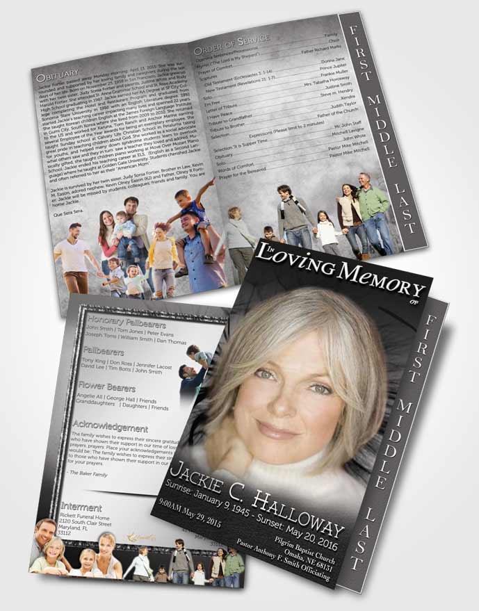2 Page Graduated Step Fold Funeral Program Template Brochure Black and White Dandelion Heaven