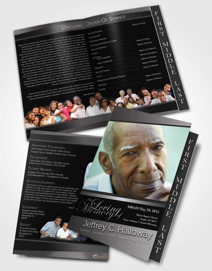 2 Page Graduated Step Fold Funeral Program Template Brochure Black and White Desire Tranquility Dark