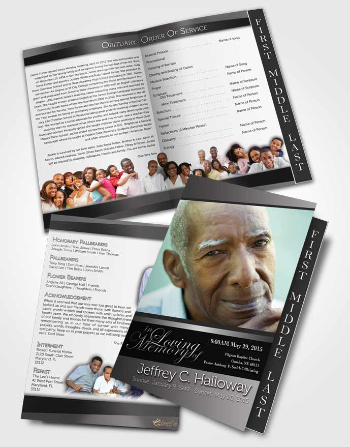 2 Page Graduated Step Fold Funeral Program Template Brochure Black and White Desire Tranquility Light