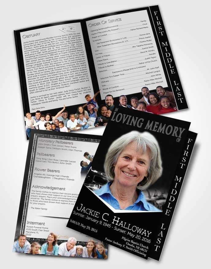2 Page Graduated Step Fold Funeral Program Template Brochure Black and White EMT Savior