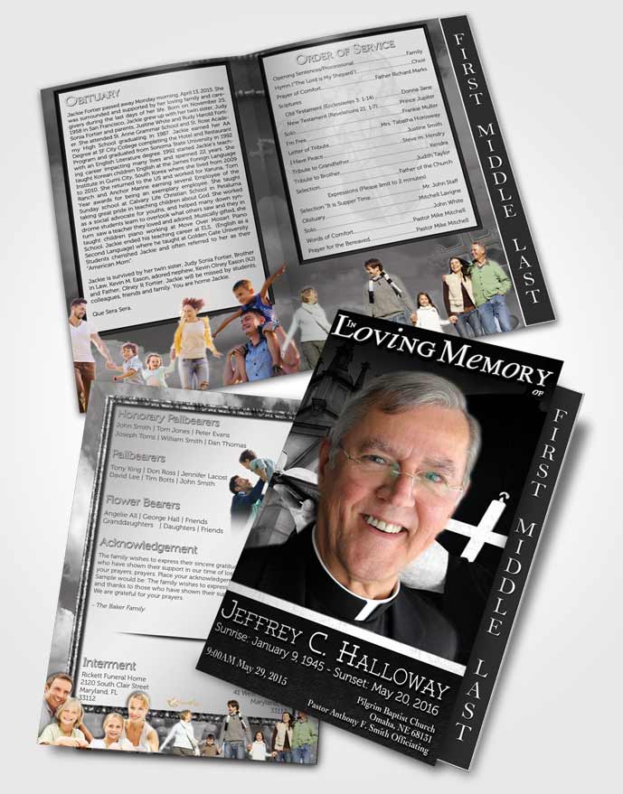 2 Page Graduated Step Fold Funeral Program Template Brochure Black and White Heavenly Priest