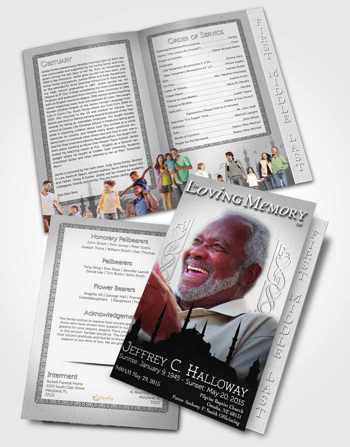 2 Page Graduated Step Fold Funeral Program Template Brochure Black and White Islamic Serenity