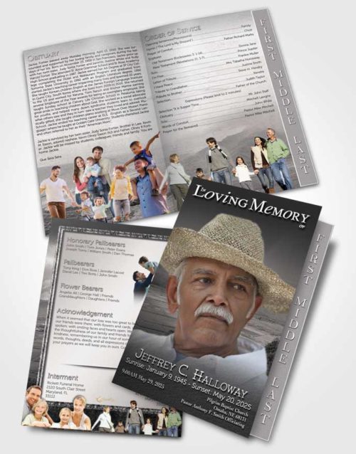 2 Page Graduated Step Fold Funeral Program Template Brochure Black and White Misty Mountain